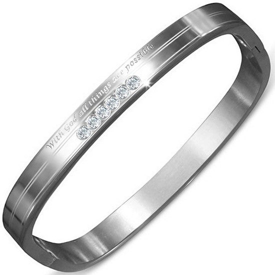 Stainless Steel Silver-Tone White CZ With God All Things Are Possible Unisex Bangle Bracelet