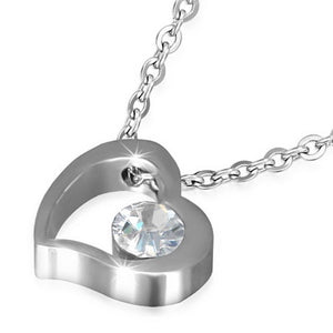 Stainless Steel Silver-Tone White CZ Love Heart Womens Girls Pendant Necklace with Chain