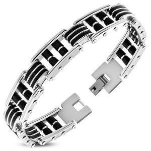 Stainless Steel Black Rubber Silicone Silver-Tone Link Chain Mens Bracelet with Clasp