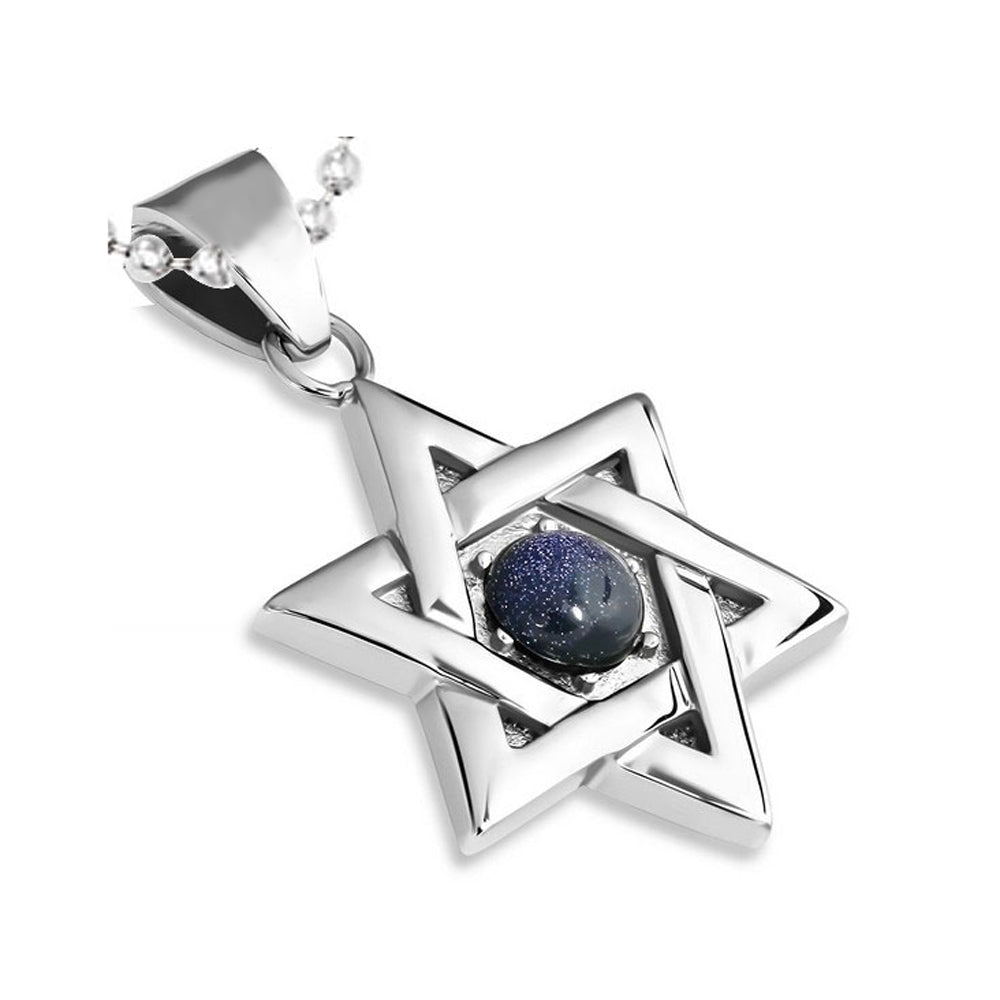 Stainless Steel Silver-Tone Blue CZ Jewish Star of David Charm Pendant Necklace