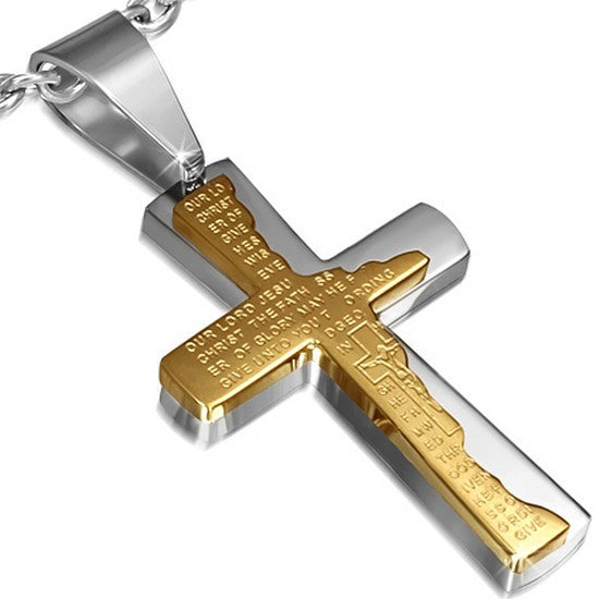Stainless Steel Two-Tone Cross Crucifix Prayer in English Pendant Necklace