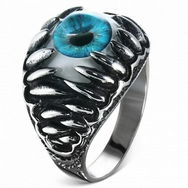 Stainless Steel Silver-Tone Blue Evil Eye Jaw Ring Band - Size 13
