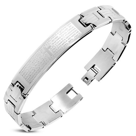 Stainless Steel Silver-Tone Mens Latin Cross Padre Nuestro Prayer Spanish Link Chain Bracelet