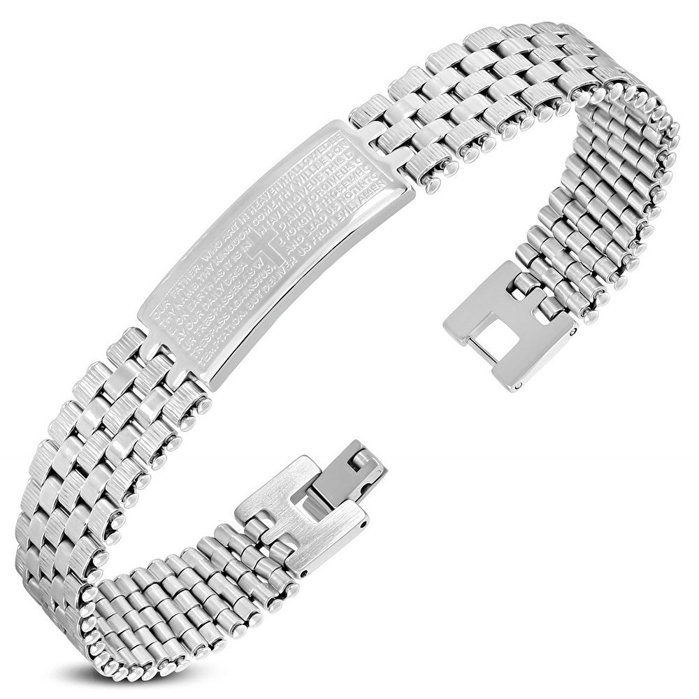 Stainless Steel Silver-Tone Lords Our Father Prayer English Mens Bracelet