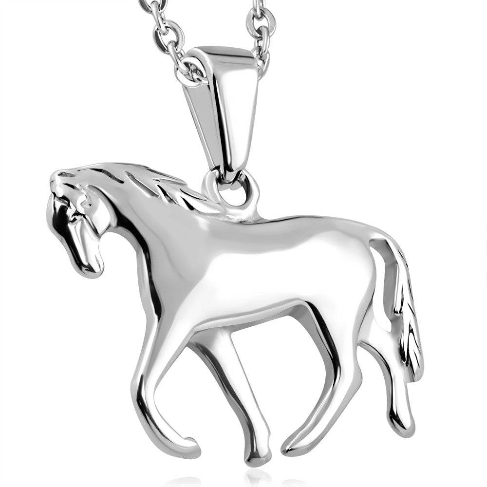 Stainless Steel Silver-Tone Pony Horse Pendant Necklace