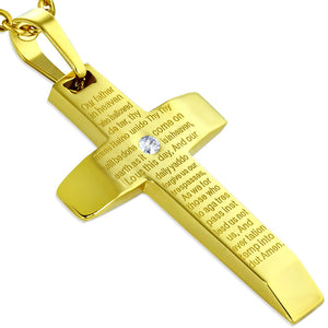 Stainless Steel CZ Yellow Gold-Tone Lords Our Father Prayer English Pendant Necklace
