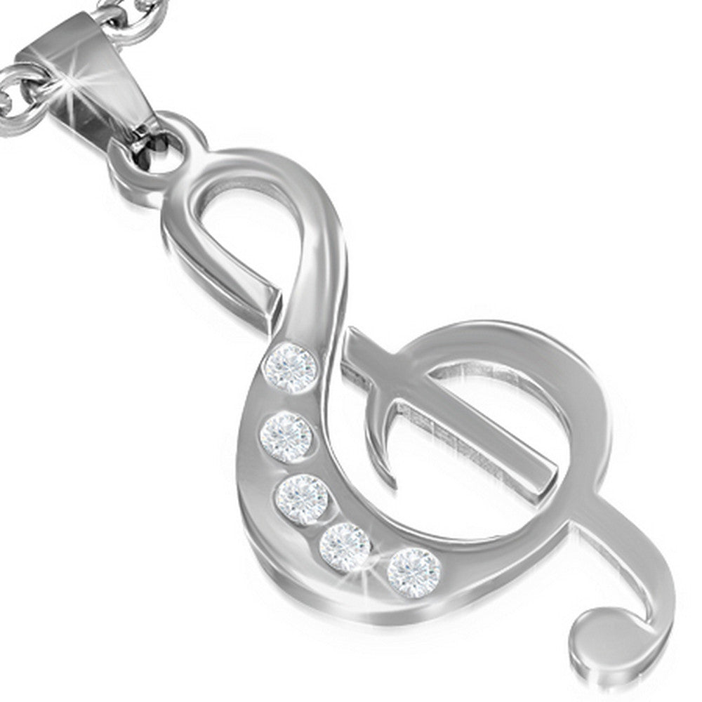 Stainless Steel Silver-Tone White CZ Music Musical Clef Note Pendant Necklace