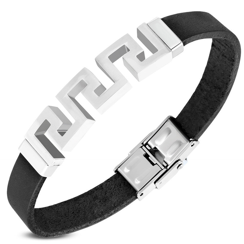 Stainless Steel Black Leather Silver-Tone Greek Key Wristband Wrap Mens Bracelet