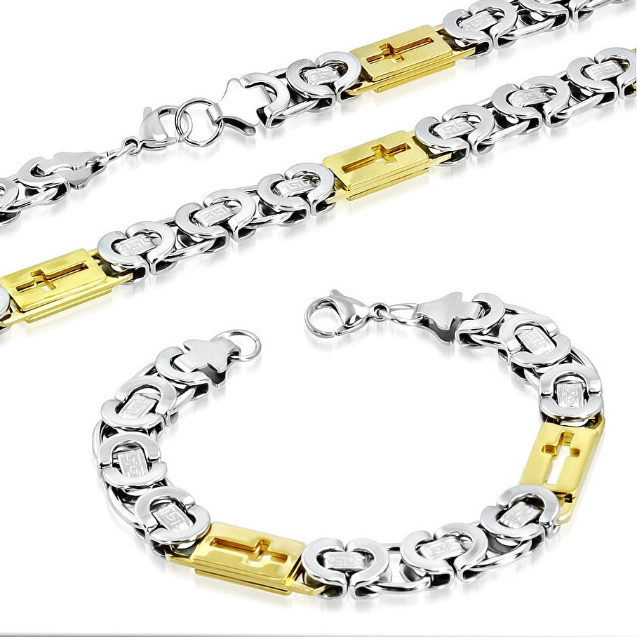 Stainless Steel Two-Tone Greek Key Cross Religious Necklace Bracelet Mens Jewelry Set