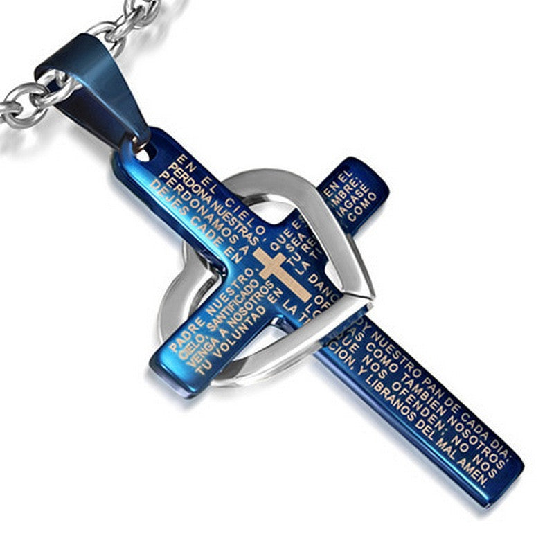 Stainless Steel Blue Lords Prayer Padre Nuestro Cross Heart Pendant Necklace