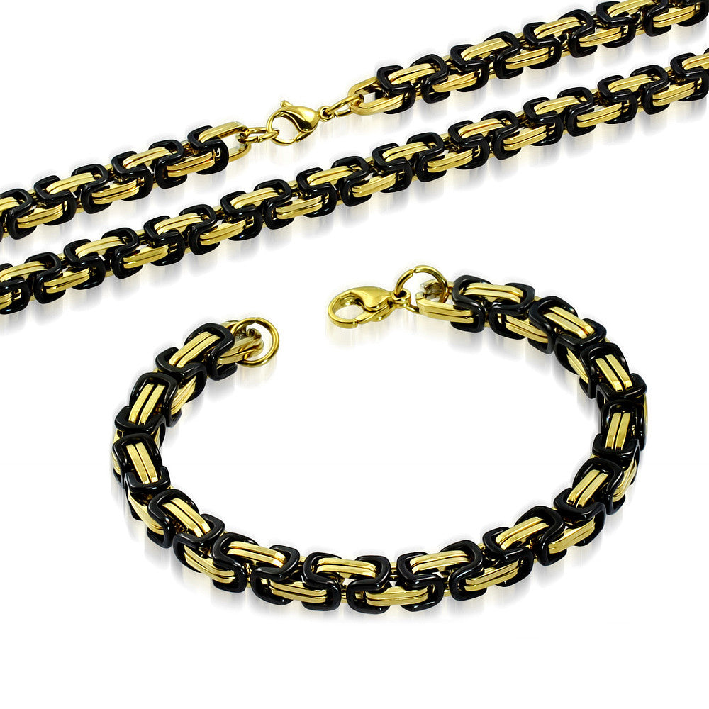 Stainless Steel Black Yellow Gold-Tone Necklace Bracelet Mens Jewelry Set