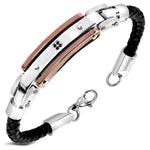 Stainless Steel Black Leather Silver-Tone Bronze-Tone CZ Mens Wristband Bracelet, 8.5"