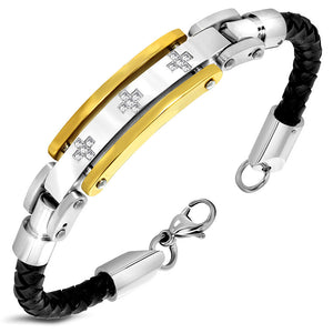 Stainless Steel Black Leather Two-Tone CZ Cross Mens Wristband Bracelet, 8.5"