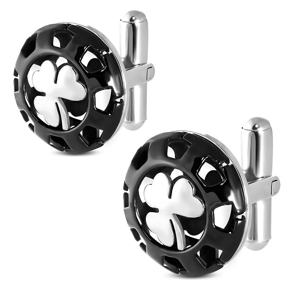 Stainless Steel Black Silver-Tone Good Luck Clover Cufflinks 