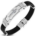 Stainless Steel Black Rubber White Clear CZ Cross Mens Bracelet, 9"
