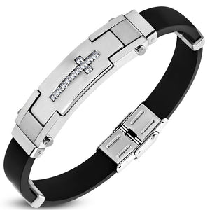 Stainless Steel Black Rubber White Clear CZ Cross Mens Bracelet, 9"