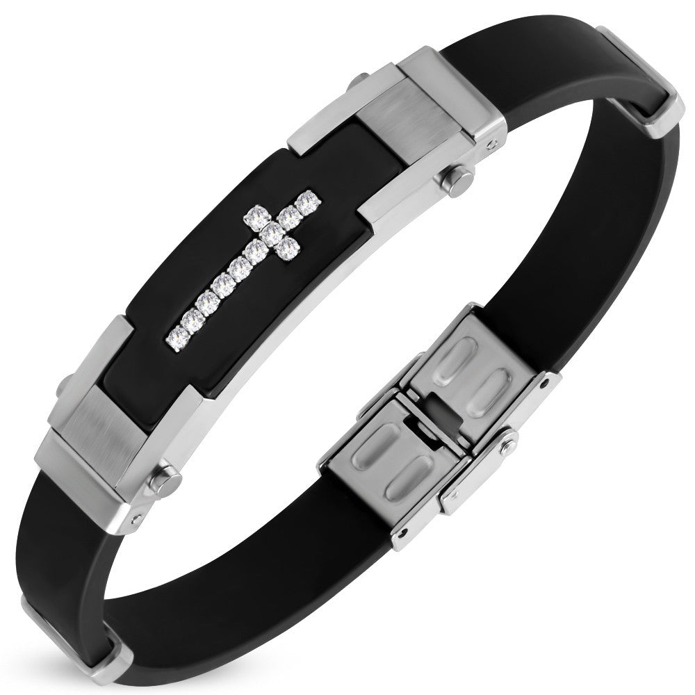 Stainless Steel Black Rubber White Clear CZ Cross Mens Bracelet, 9"