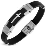 Stainless Steel Black Rubber White Clear CZ Cross Mens Bracelet, 9"
