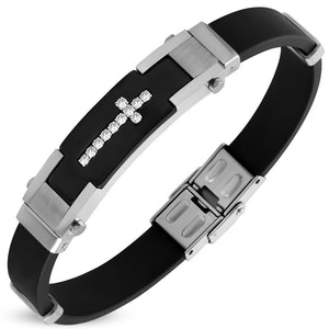 Stainless Steel Black Rubber White Clear CZ Cross Mens Bracelet, 9"