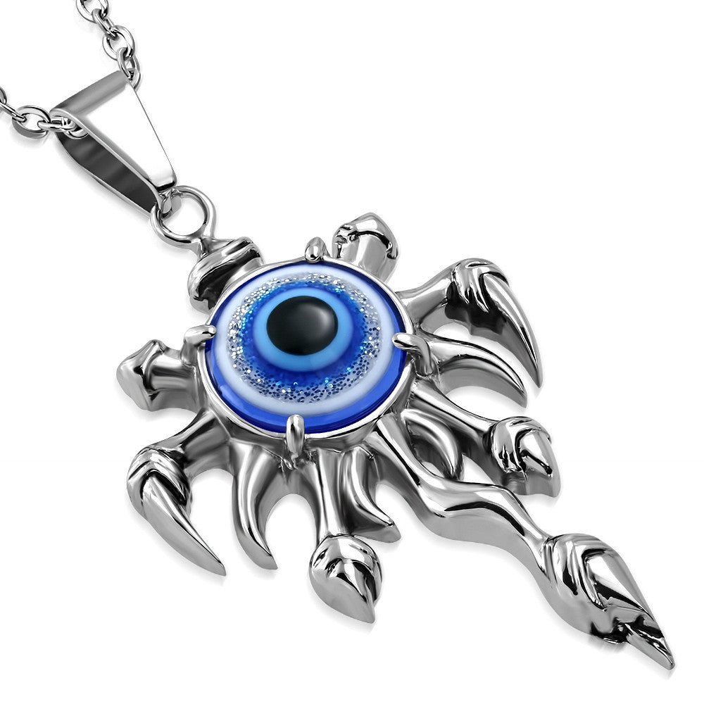 Stainless Steel Blue Gothic Evil Eye Mens Pendant Necklace, 21.5"