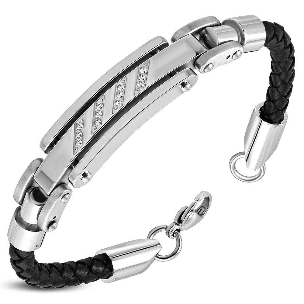 Stainless Steel Black Braided Leather Silver-Tone CZ Mens Bracelet, 9"