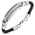 Stainless Steel Black Braided Leather Silver-Tone CZ Mens Bracelet, 9"