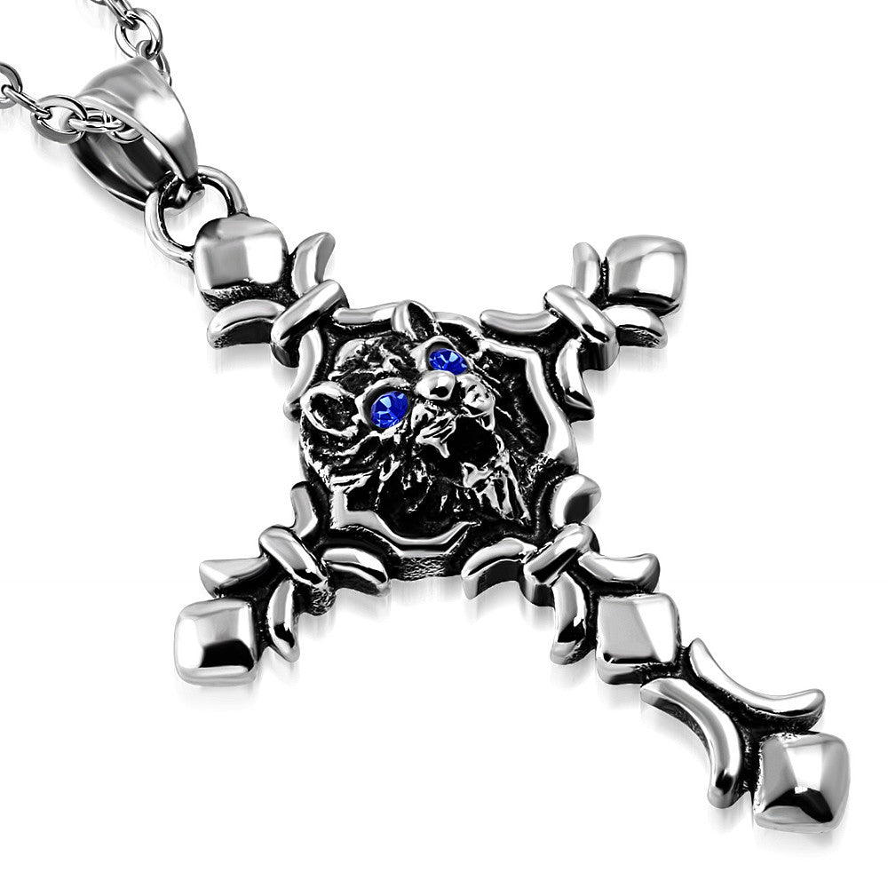 Stainless Steel Silver-Tone Lion Blue CZ Mens Pendant Necklace, 21.5"