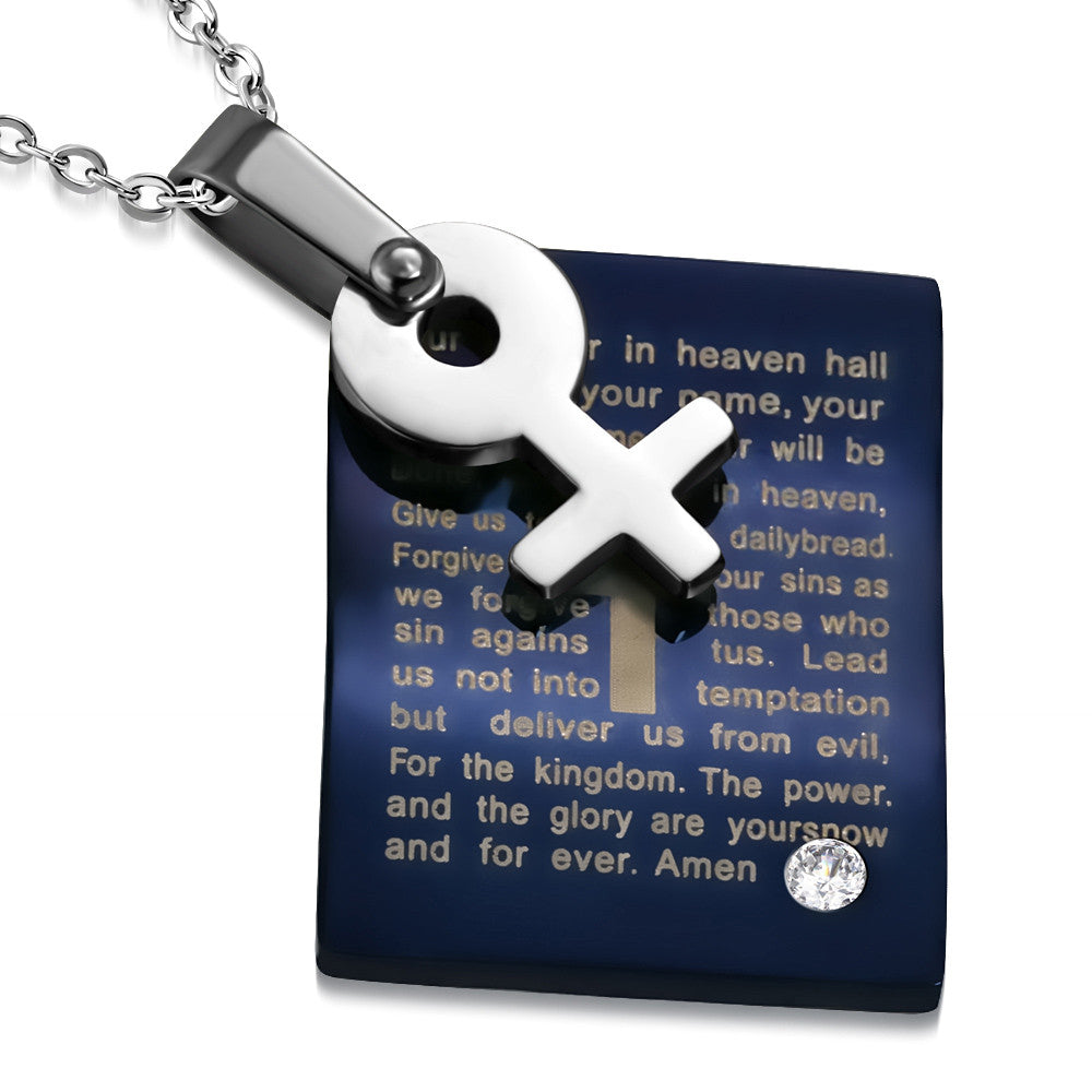 Stainless Steel Blue White CZ Lords Prayer English Pendant Necklace, 21.5"
