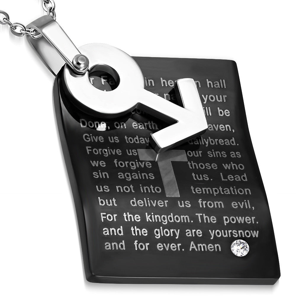 Stainless Steel Black White CZ Lords Prayer English Pendant Necklace, 21.5"