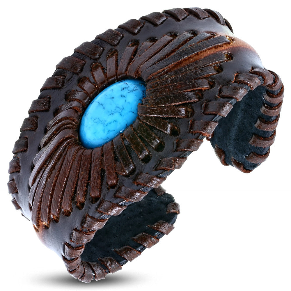 Brown Leather Simulated Turquoise Adjustable Bracelet, 6.75"