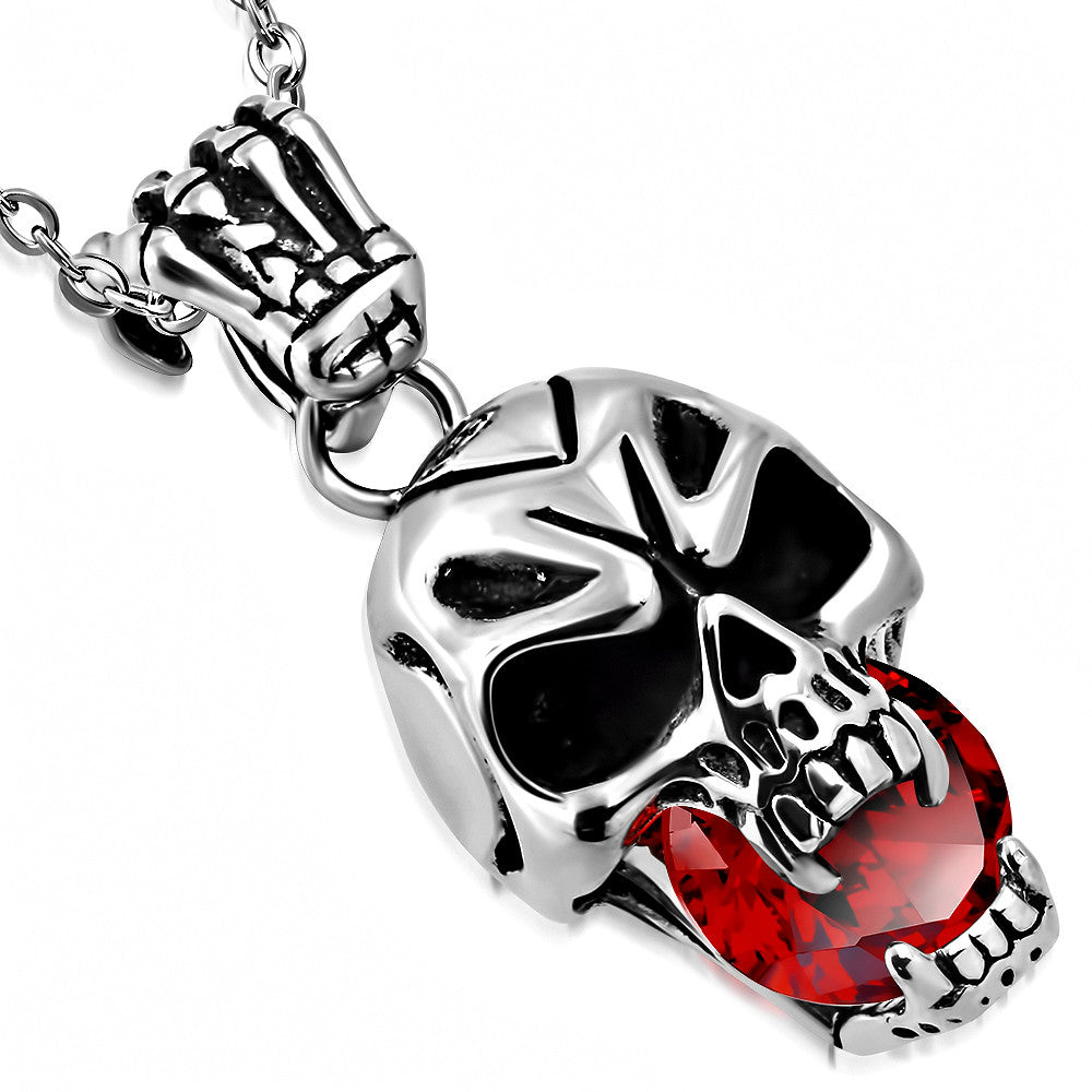 Stainless Steel Silver-Tone Red CZ Skull Mens Pendant Necklace, 21.5"