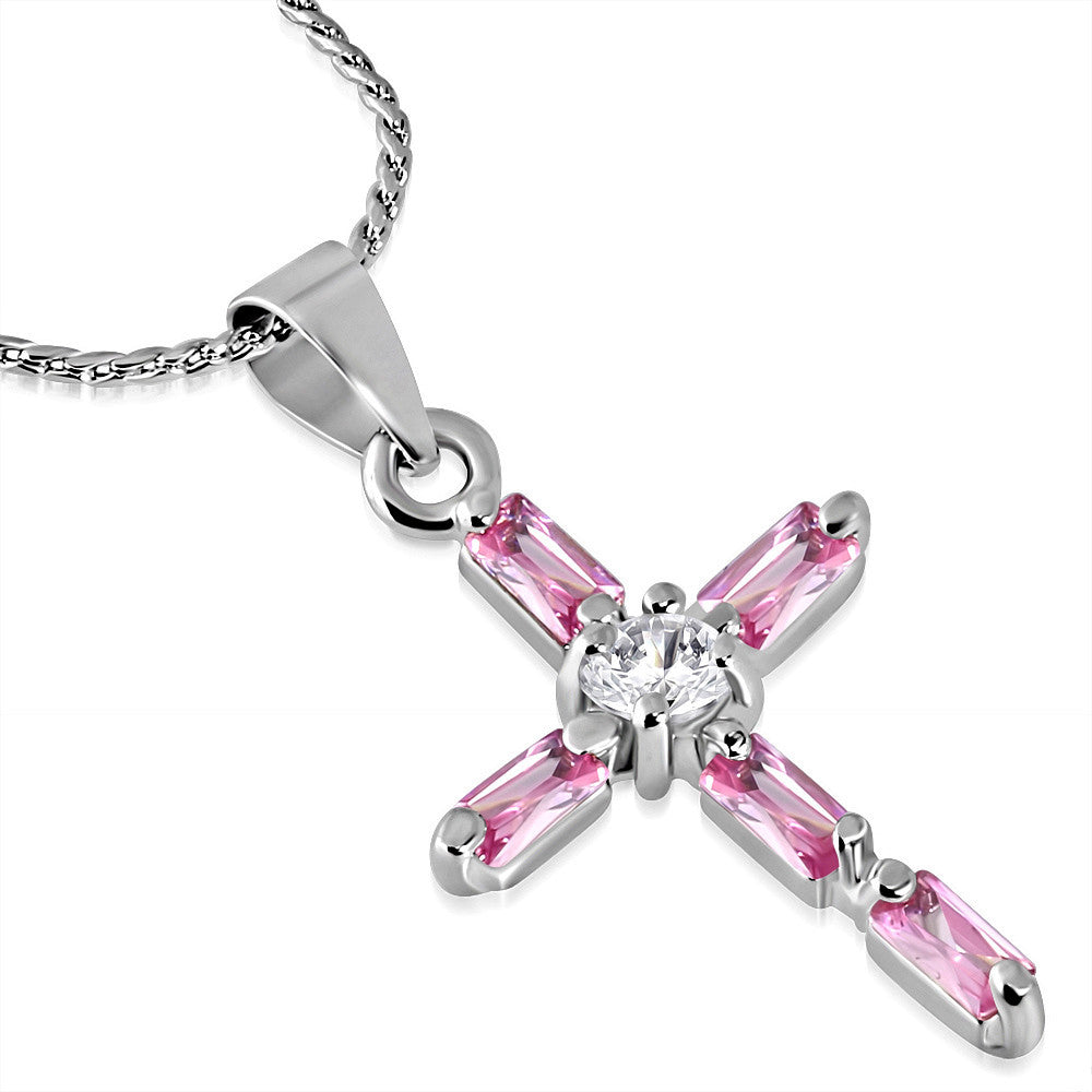 Stainless Steel Silver-Tone Clear Pink CZ Religious Cross Pendant Necklace