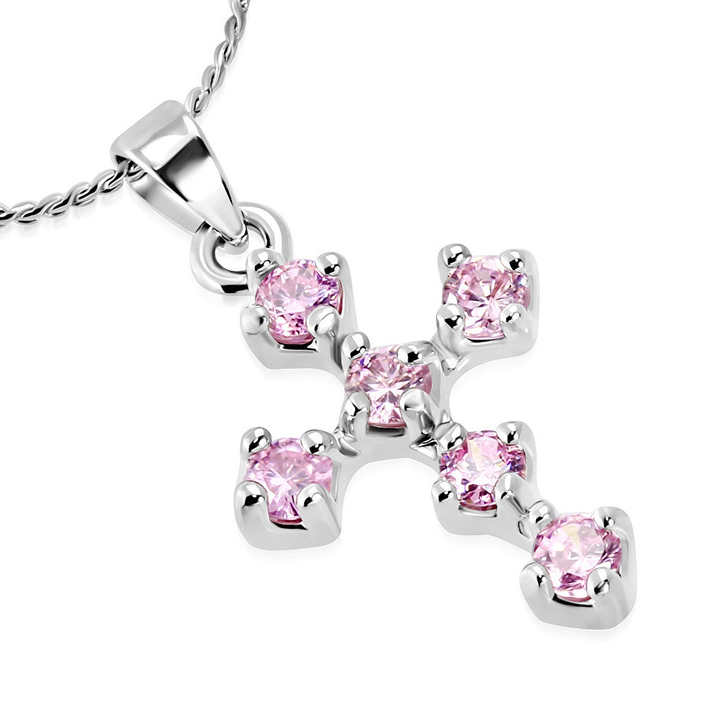 Stainless Steel Silver-Tone Pink CZ Religious Cross Pendant Necklace