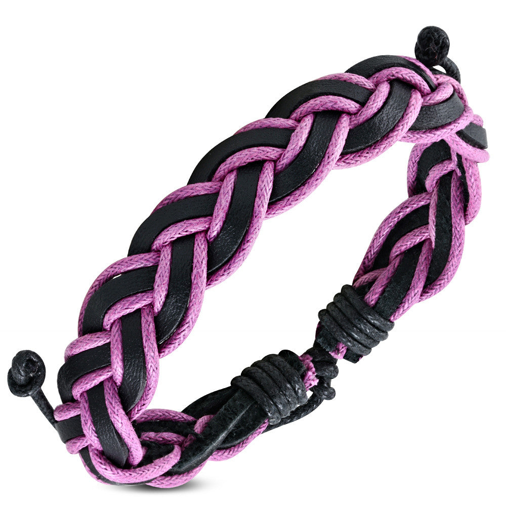 Black Pink Leather Braided Adjustable Mens Wristband Bracelet
