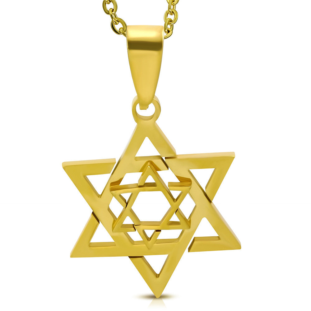 Stainless Steel Yellow Gold-Tone Jewish Star of David Mens Pendant Necklace 