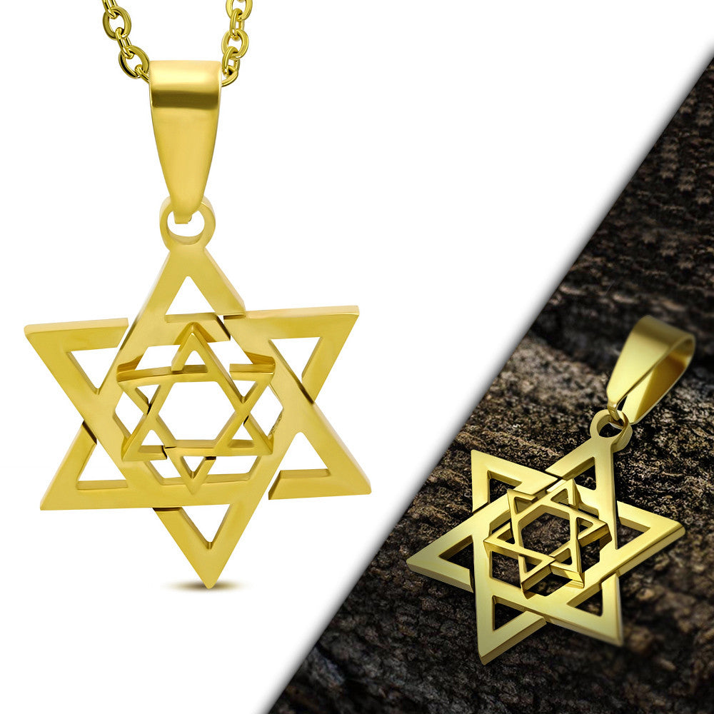 Stainless Steel Yellow Gold-Tone Jewish Star of David Mens Pendant Necklace