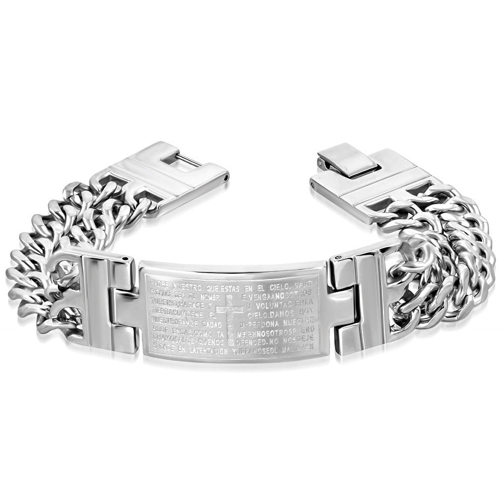Stainless Steel Silver-Tone Double Chain Padre Nuestro Spanish Prayer Mens Bracelet