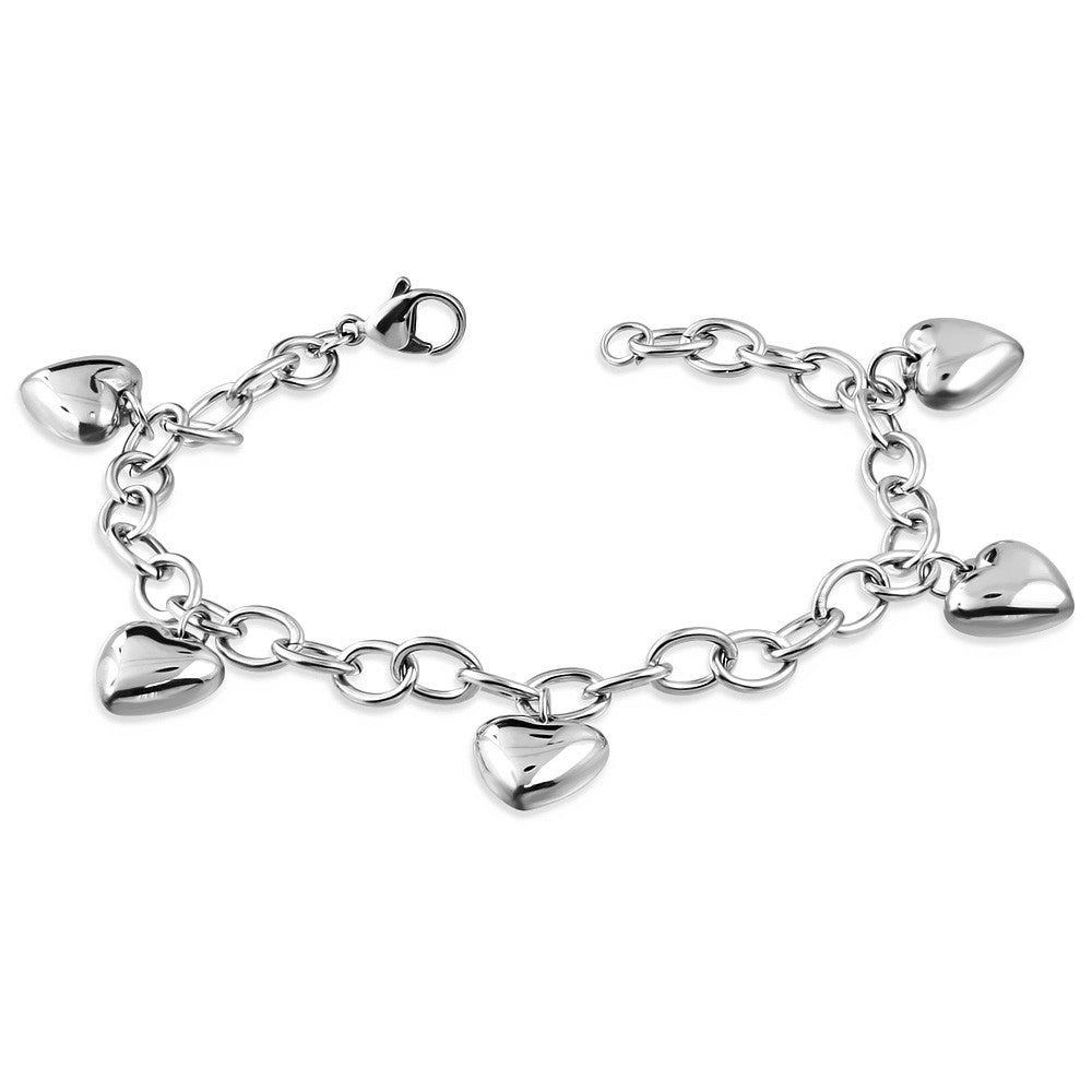 Stainless Steel Silver-Tone Love Heart Charm Bracelet