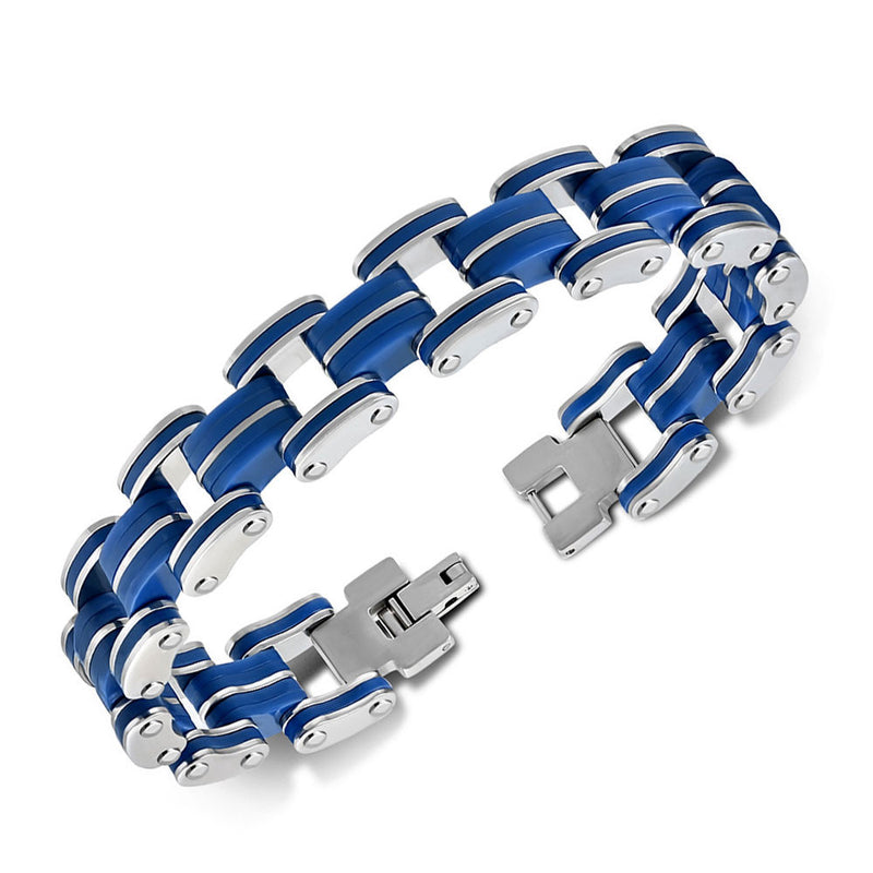 Stainless Steel Blue Silver-Tone Link mens Bracelet, 8"