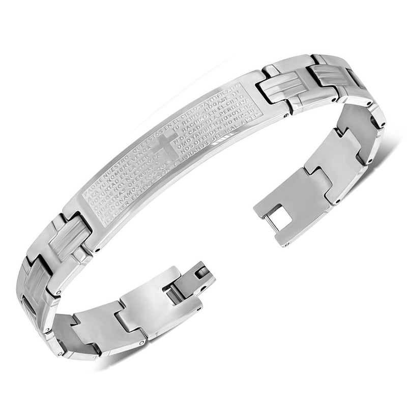 Stainless Steel Silver-Tone Padre Nuestro Prayer in Spanish Mens Bracelet, 8"