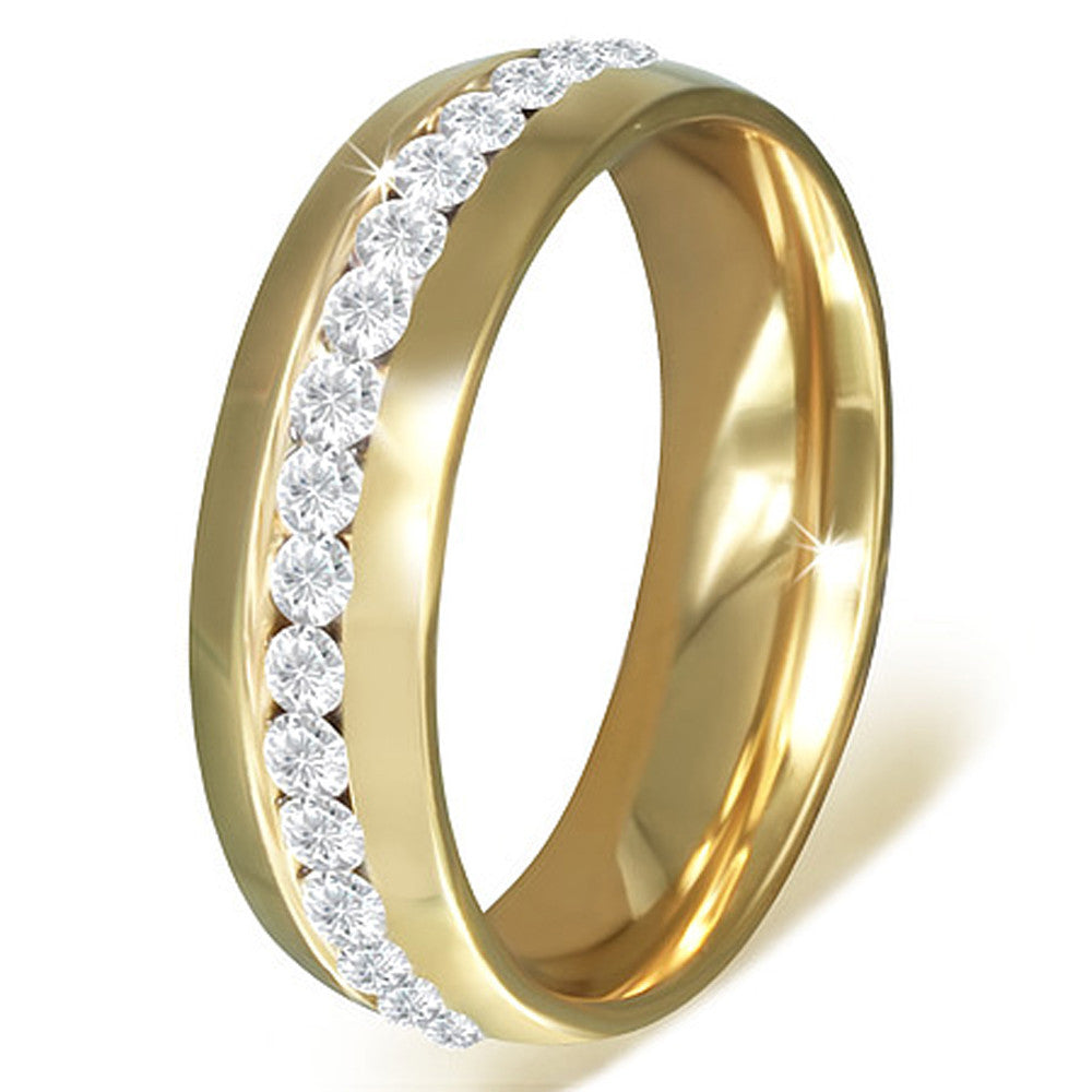 Stainless Steel Yellow Gold-Tone White Clear CZ Anniversary Wedding Ring Band