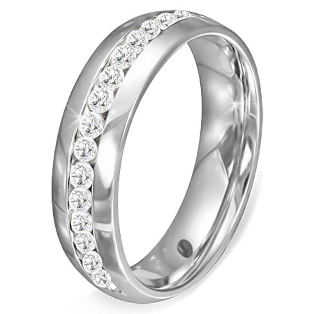 Stainless Steel Silver-Tone White Clear CZ Anniversary Wedding Ring Band