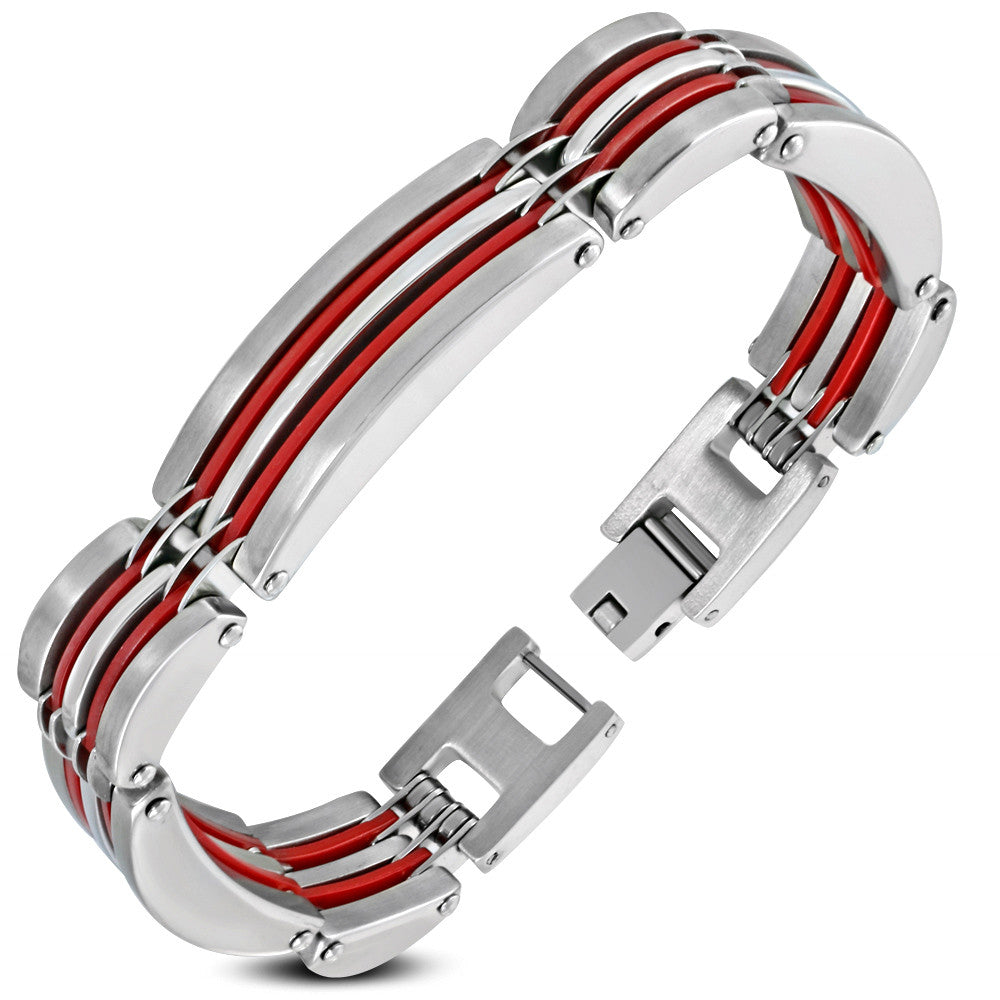 Stainless Steel Silver-Tone Red Mens Link Bracelet, 8.25"