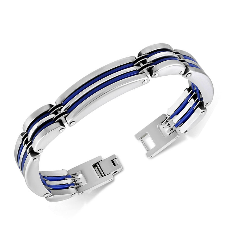 Stainless Steel Silver-Tone Blue Mens Link Bracelet, 8.25"