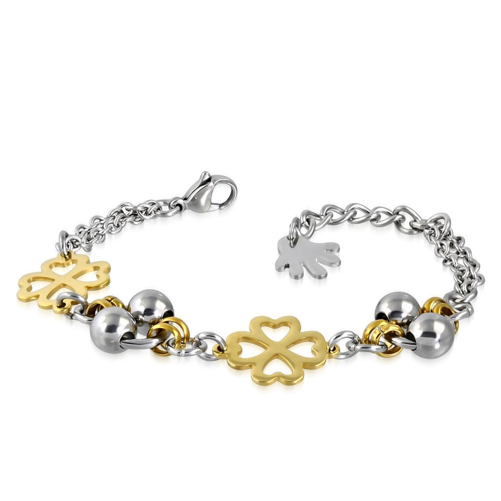 Stainless Steel Two-Tone Clover Flower Charm Adjustable Bracelet