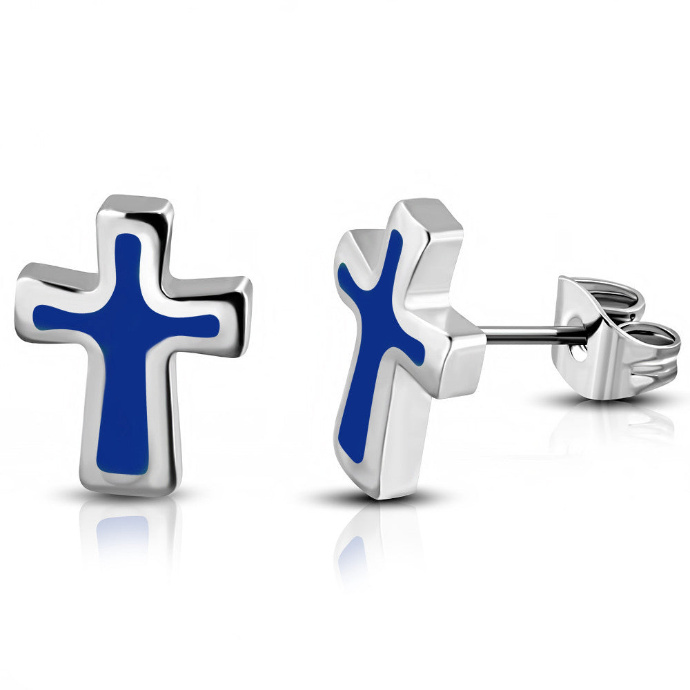 Stainless Steel Silver-Tone Blue Small Cross Religious Stud Earrings