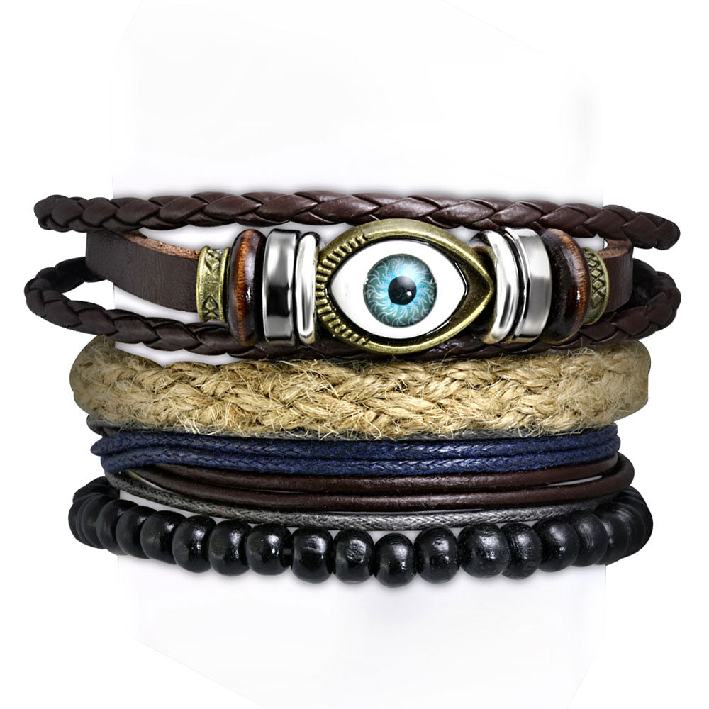 Faux Leather Fashion Alloy Evil Eye Stackable Four Bracelets Set, 7"