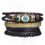 Faux Leather Fashion Alloy Evil Eye Stackable Four Bracelets Set, 7"