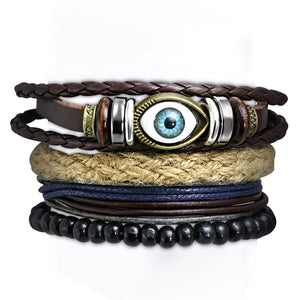 Faux Leather Fashion Alloy Evil Eye Stackable Four Bracelets Set, 7"