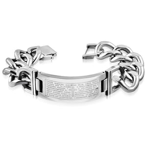 Stainless Steel Silver-Tone Padre Nuestro Prayer Spanish Cross Mens Chain Bracelet, 8.5"